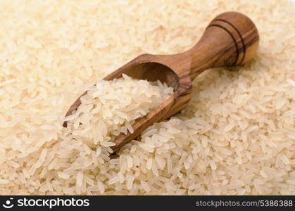 Wooden scoop on long grain rice