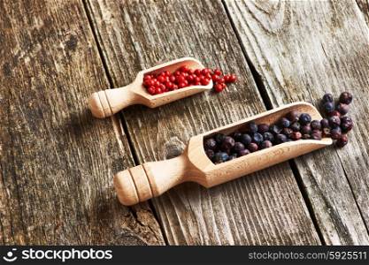 Wooden scoops with dried juniper berries and rose pepper over rustic background