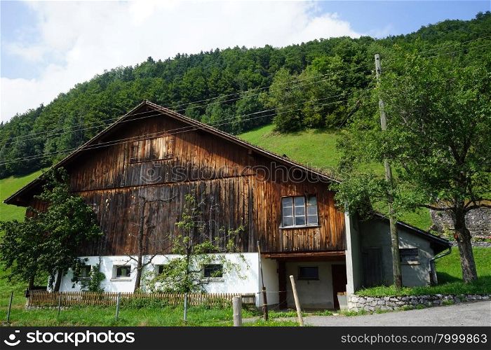 Wooden shed and mountain in Switzerland