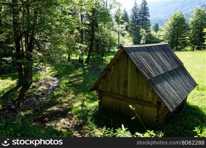 Wooden shed and trees near field in Slovenia