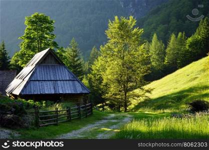 Wooden shed near the track in rural area of Slovenia