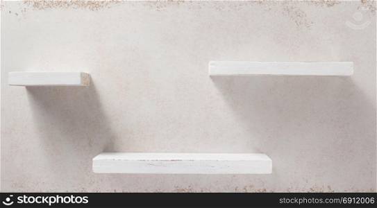 wooden shelf and concrete wall background