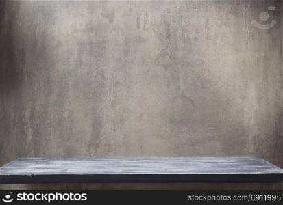 wooden shelf and grey wall background texture