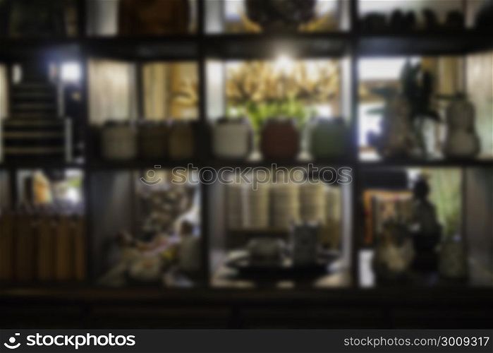 Wooden shelf of collection items, stock photo
