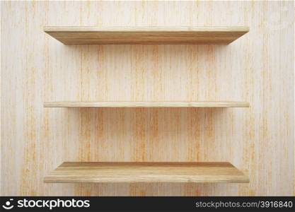 Wooden shelves on wood wall background