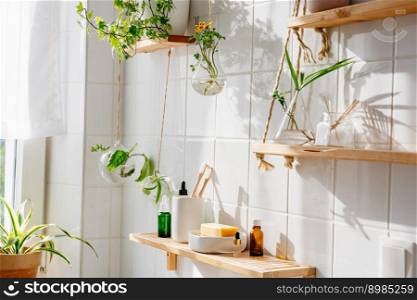 Wooden shelves with cosmetics and toiletries against white tile wall with biophilic and eco friendly design. Hanging glass pots with green plants. Wooden shelves with cosmetics and toiletries