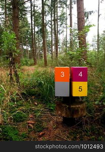 wooden sign post mile marker on a hiking jogging trail in a forest nature. wooden sign post mile marker on a hiking jogging trail in a forest