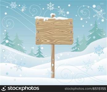 Wooden Sign with Spare Place for Text. Postcard. Wooden sign with spare place for your text. Postcard, greeting card design. Merry Christmas, Happy New Year. Xmas celebration winter season greeting message. Board and snowflakes on landscape. Vector