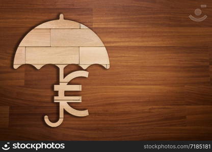 Wooden silhouette of euro sign under umbrella