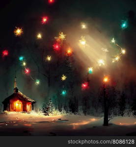Wooden small house in village. Christmas starry night with glowing Christmas lights and fireworks illuminated in snowy forest. Copy space. 3D illustration. Christmas night in snow countryside. 3D illustration