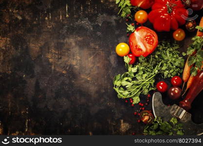 Wooden spoon and ingredients on dark background. Vegetarian food, health or cooking concept.