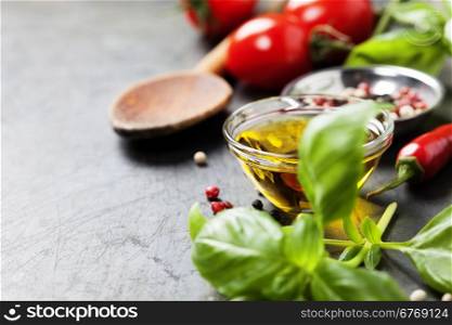 Wooden spoon and ingredients on old background. Vegetarian food, health or cooking concept.