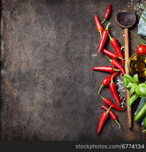 Wooden spoon and ingredients on old background. Vegetarian food, health or cooking concept.