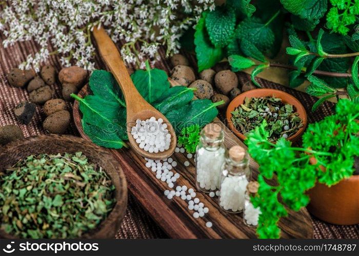 Wooden spoon full of homeopathic globules, small bottles with homeopathic pills and mint leaves in background