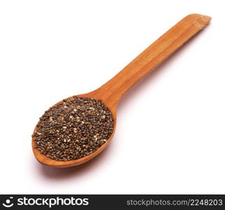 Wooden spoon of organic natural chia seeds close-up isolated. High quality photo. Wooden spoon of organic natural chia seeds close-up isolated