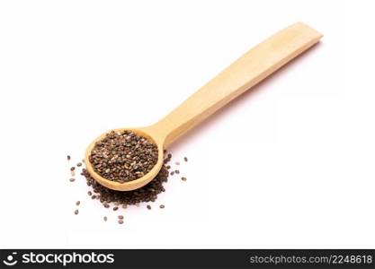 Wooden spoon of organic natural chia seeds close-up isolated. High quality photo. Wooden spoon of organic natural chia seeds close-up isolated