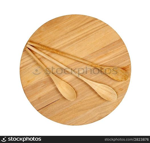 wooden spoon on cutting board isolated on a white background