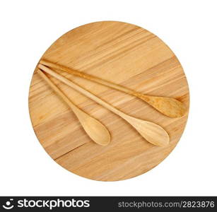 wooden spoon on cutting board isolated on a white background