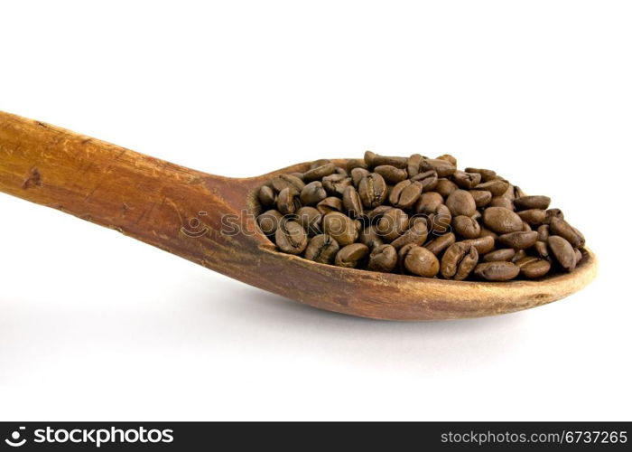 wooden spoon with coffee beans on white background