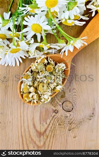 Wooden spoon with dried chamomile flowers, a bouquet of fresh chamomile flowers on a background of wooden boards