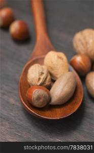 wooden spoon with nuts on a wooden surface