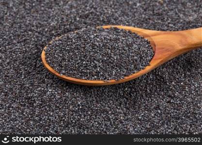 Wooden spoon with poppy seeds as a background