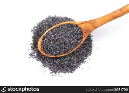 Wooden spoon with poppy seeds on a white background