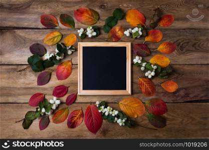 Wooden square picture frame mockup with fall leaves and ghostberries. Empty frame mock up for presentation design. Template framing for modern art.