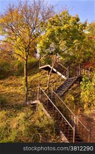 Wooden stairs at Andrew&rsquo;s Descent in the autumn. Kiev, Ukraine