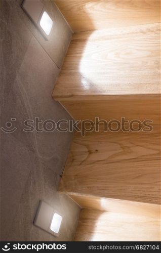 Wooden Stairs Step With Wall Light, stock photo