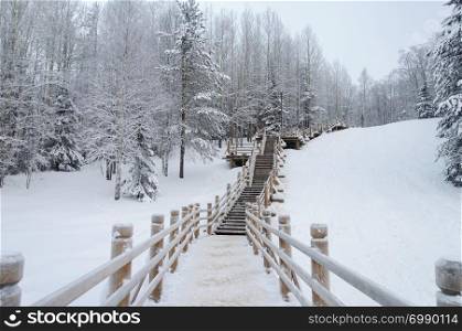 Wooden stairs through forest in the northern open air museum Malye Korely near Arkhanglesk, winter time