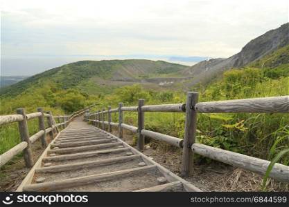 Wooden stairway on Usuzan ropeway leading to mount Usu?s crater