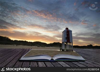 Wooden stilt lighthouse on sandy beach at sunrise landscape conceptual book image