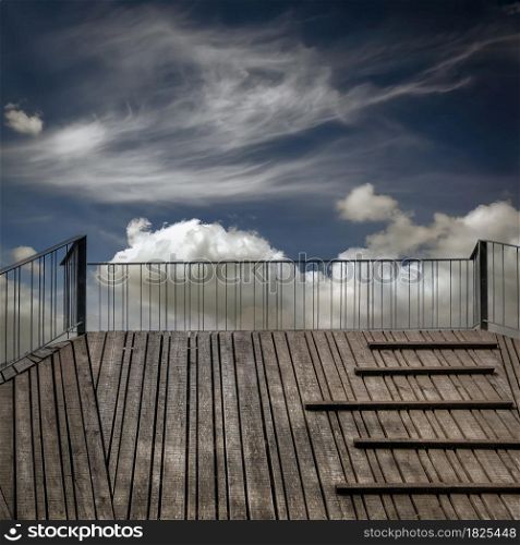 Wooden structure fragment under blue - cloudy sky. Wooden planks construction. Koknese, Latvia.