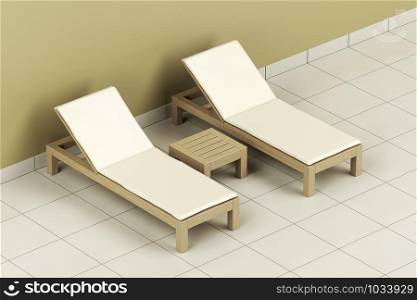 Wooden sun loungers and table in the spa center