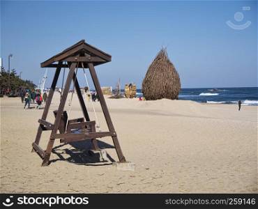 Wooden swings on the beach of Gangneung city, South Korea
