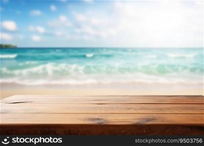 Wooden tab≤top on blurred beach background