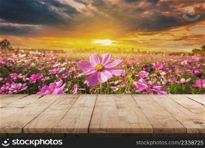 Wooden table and cosmos flower field meadow with display montage for product.