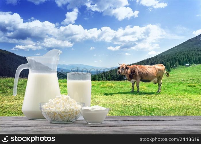 Wooden table and dairy products on a background of a cow on a mountain pasture. Wooden table and dairy products on background of cow on mountain pasture