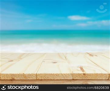 wooden table and sea landscape background. relaxation or vacation concept&#xA;