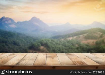 Wooden table background. Sky desk forest. Generate Ai. Wooden table background. Generate Ai