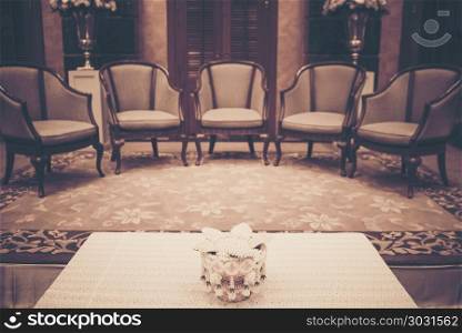 Wooden table for wedding ceremony, vintage filter image