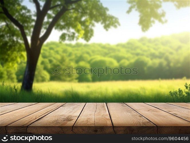 Wooden table in green summer forest with large tree background.AI Generative