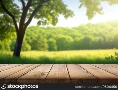 Wooden table in green summer forest with large tree background.AI Generative