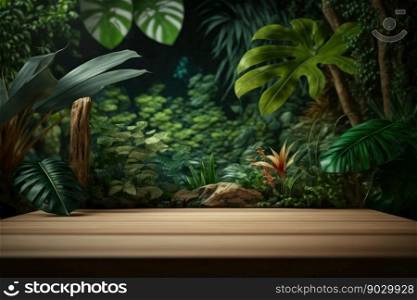 Wooden table on Jungle background, digital illustration painting, Generative AI