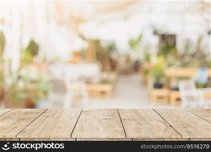 wooden table space with blur white clean cozy cafe and restaurant for advertising products montage background