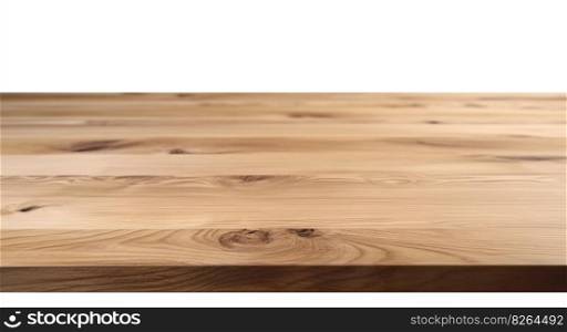 Wooden table surface isolated on white background. Front view. Tabletop. Cut out element. Copy space for your object, product presentation. Display, promotion, advertising. Generative AI. Wooden table surface isolated on white background. Front view. Tabletop. Cut out element. Copy space for your object, product presentation. Display, promotion, advertising. Generative AI.