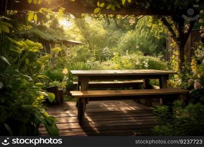 wooden table surrounded by lush greenery and warm sunlight, created with generative ai. wooden table surrounded by lush greenery and warm sunlight