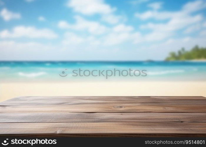 Wooden table top on blurred beach background