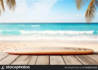 Wooden table top on blurred beach background with surfboards